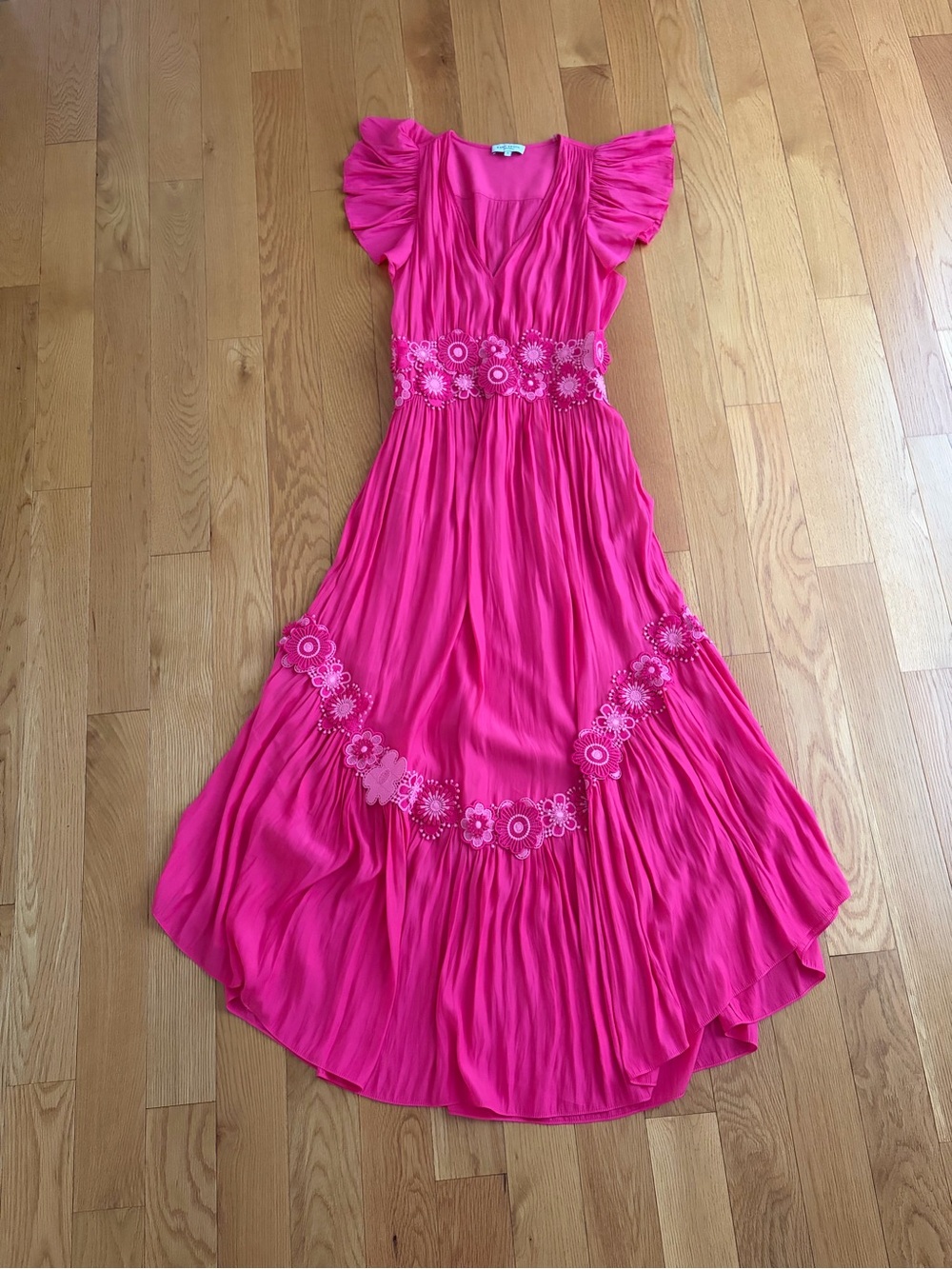 Ramy Brook Bright Pink Floral-Trim Flutter Sleeve Maxi Dress